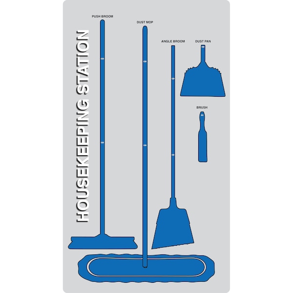 5S Housekeeping Shadow Board Broom Station Version 11 - Gray Board / Blue Shadows  With Broom